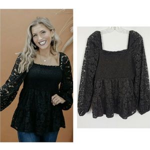 ANDRÉE BY UNIT Lace Floral Square Neckline Balloon Sleeve Blouse Sz S Black Boho